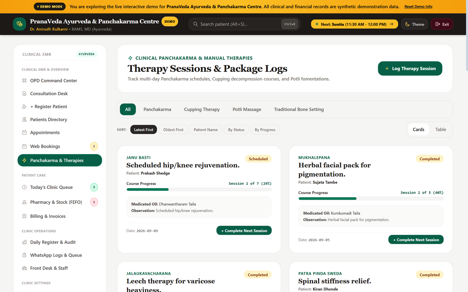 Panchakarma Therapies Schedule